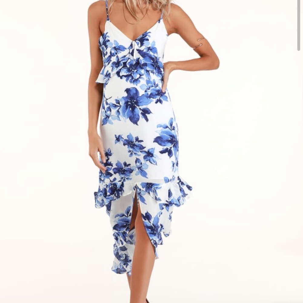 Island time blue and white floral print ruffled midi dress